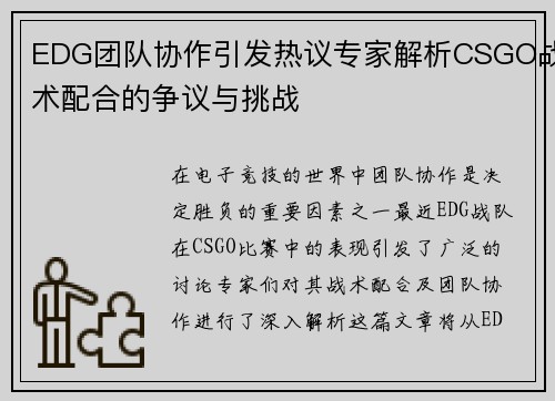 EDG团队协作引发热议专家解析CSGO战术配合的争议与挑战